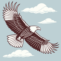 Fototapeta premium A majestic bald eagle in flight, with outstretched wings and a powerful gaze, symbolizing freedom, strength, and resilience. The eagle is soaring through a clear blue sky.