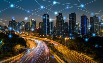 Futuristic cityscape with digital lines and light trails, representing the next wave of urban tech innovation. 