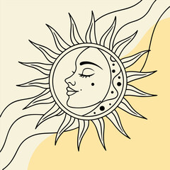 A minimalist line art illustration of a sun with a crescent moon forming a face, perfect for adding a celestial touch to your designs. This simple yet elegant graphic is ideal for posters.