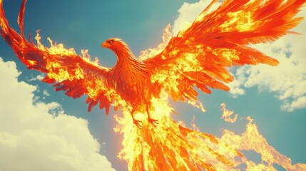 majestic phoenix ablaze with fiery orange and red feathers, soaring against a stark, cloudless sky. the flames dance around its powerful wings, symbolizing rebirth and resilience