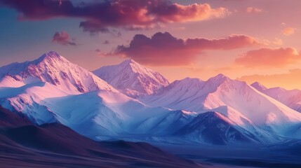 majestic panorama of the snow-capped tibetan mountains at sunset, showcasing breathtaking colors and serene beauty, perfect for nature lovers and landscape enthusiasts