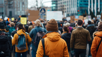 Crowd gathers in urban square for peaceful protest advocating for social change during a lively afternoon