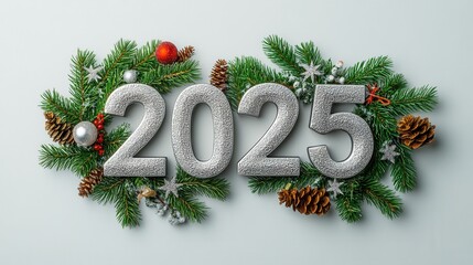 The word "2025" is written in silver letters, with Christmas decorations and pine branches around it