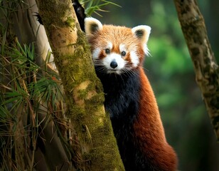 A red panda ascends the bamboo in the Himalayan Forest.