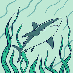 A  cute cartoon illustration of a shark swimming in the ocean, surrounded by seaweed.  This playful image is perfect for kids' books, educational materials.