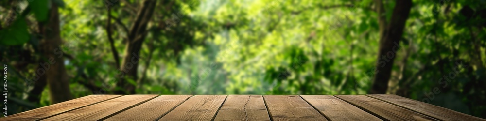 Poster a wooded area with a wooden table in the foreground. the table is empty and the background is filled