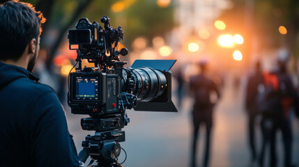 Director prepares to call action for a film shoot in an urban setting during golden hour with crew members nearby