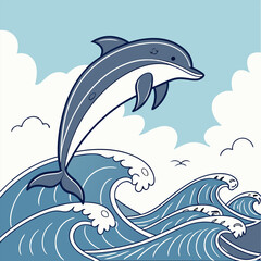 A cute cartoon dolphin leaping out of the water, surrounded by crashing waves. This cheerful illustration is perfect for children's books, marine-themed projects.