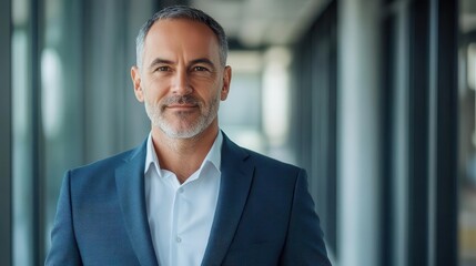 mature businessman in a corporate office setting, portrait capturing a confident expression, showcasing professionalism and experience, well-dressed in a tailored suit against a modern backdrop