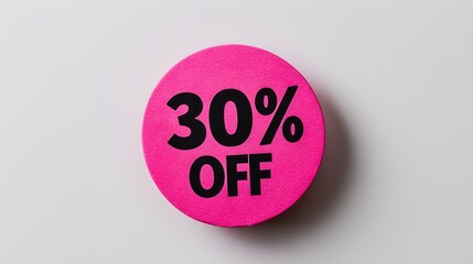 Black '30% OFF' Text on a Hot Pink Round Paper Note. White Background with Copy Space