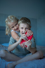 Brother and sister argue and take away the phone. Sibling relationships, greed