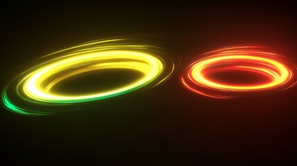 Round glowing yellow, red, and green neon lights. 