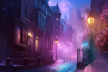 A Foggy, Purple-Lit City Street at Night with Streetlights