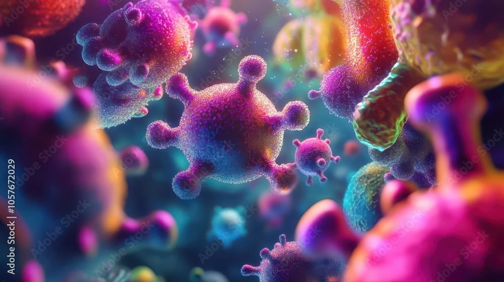Aufkleber microscopic view of vibrant viruses, intricately detailed, showcasing a colorful array of shapes and