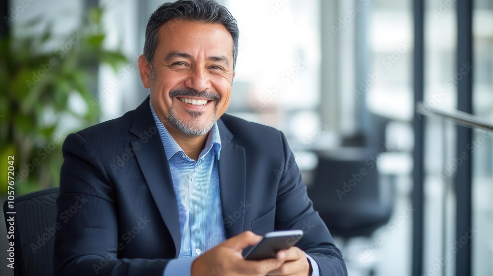Poster middle-aged hispanic business manager smiling while using a smartphone in an office environment, rep
