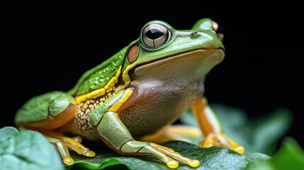 Fototapeta premium Close-up of a vibrant green tree frog with striking golden eyes perched on a leaf with a dark background.