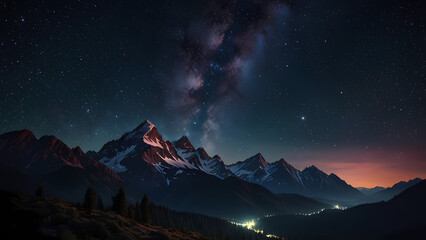 stunning image of a night sky filled with a vibrant galaxy and twinkling stars, casting a mesmerizing glow with silhouettes of majestic mountains that frame the scene