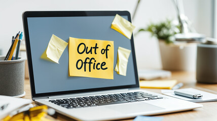 laptop with out of office sticky note on screen