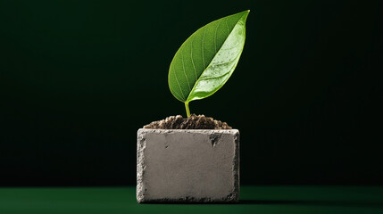 Green leaf sprouting from a block of concrete in a minimalist setting, symbolizing growth and sustainability in urban environments with a dark green background.