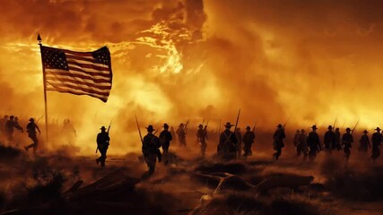 Regiment advancing through rough terrain at golden hour, tattered American flag billowing, rifles and bayonets visible, intense wartime scene with dramatic lighting