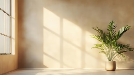 minimalist interior featuring a beige wall bathed in warm sunlight streaming through a window, creating a calming atmosphere that emphasizes simplicity and elegance