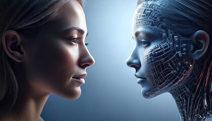 Woman opposite AI. The concept of confrontation between humanity and artificial intelligence