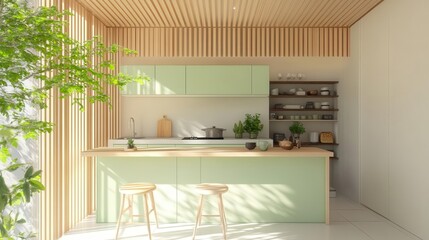 minimalist kitchen design featuring a refreshing green aesthetic with a wood slat wall, showcasing simplicity and elegance, providing a serene cooking space that feels inviting and organized