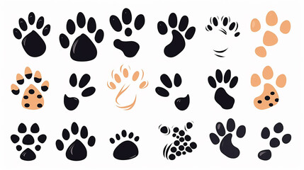 Fototapeta premium Cat and Tiger Paw Icons: Black Cartoon Paws, Fun Doodle Footprints, Isolated Kitten Elements, Vector Graphics.
