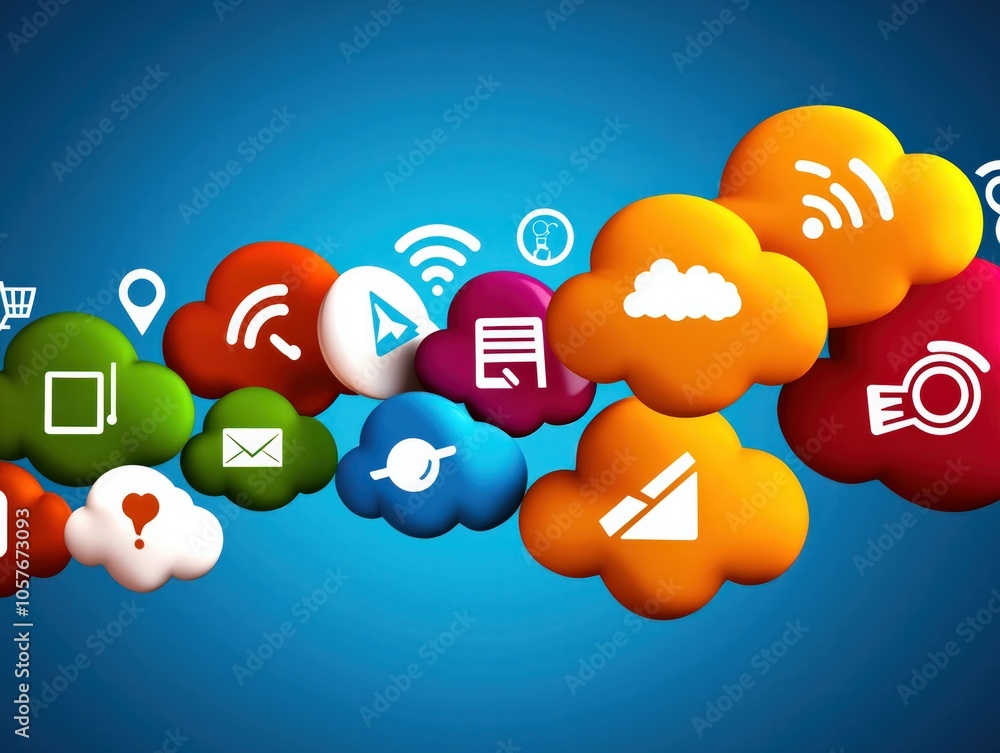 Poster colorful cloud-based icons representing digital communication and technology concepts