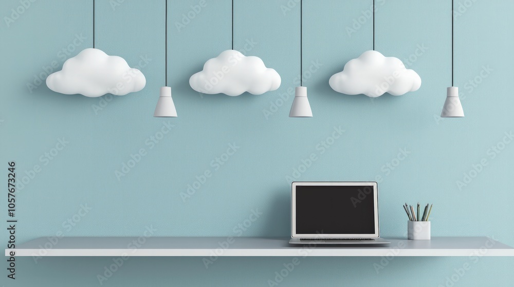 Poster modern workspace with cloud-inspired decor and minimalist design elements
