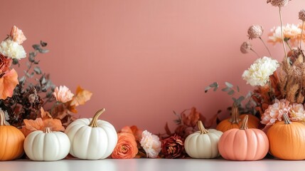 minimalist thanksgiving-themed banner featuring pastel pumpkins and floral arrangements, creating a warm autumn atmosphere with ample space for personalized messages