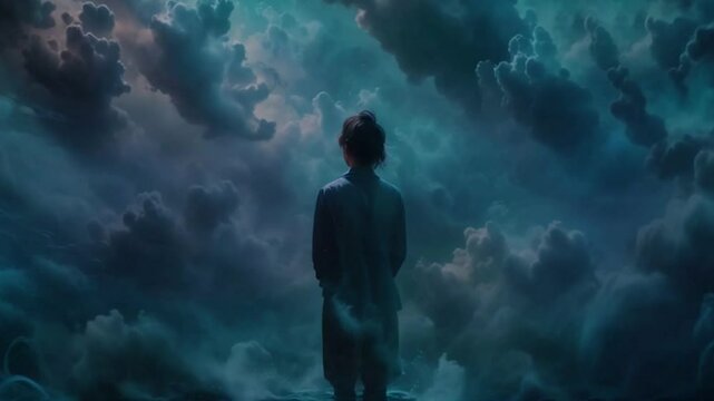 Dream scenes with silhouettes of people, clouds and surreal abstract animated elements. REM phase during rest and oneironaut journeys