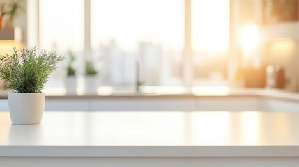 minimalistic kitchen with a pristine white countertop, softly blurred background of a cozy home, creating a calm and inviting atmosphere perfect for culinary creativity