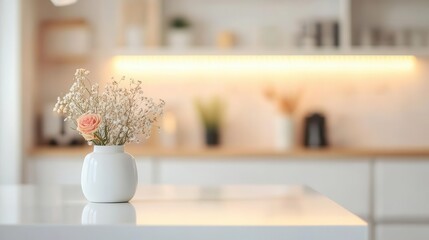 minimalistic kitchen with a pristine white countertop, softly blurred background of a cozy home, creating a calm and inviting atmosphere perfect for culinary creativity