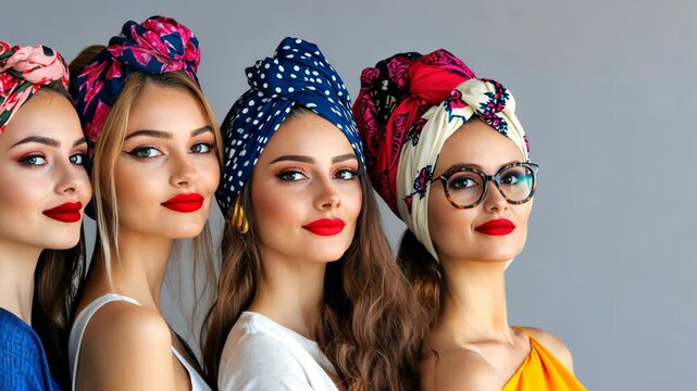 Four women with patterned headbands pose for a photo