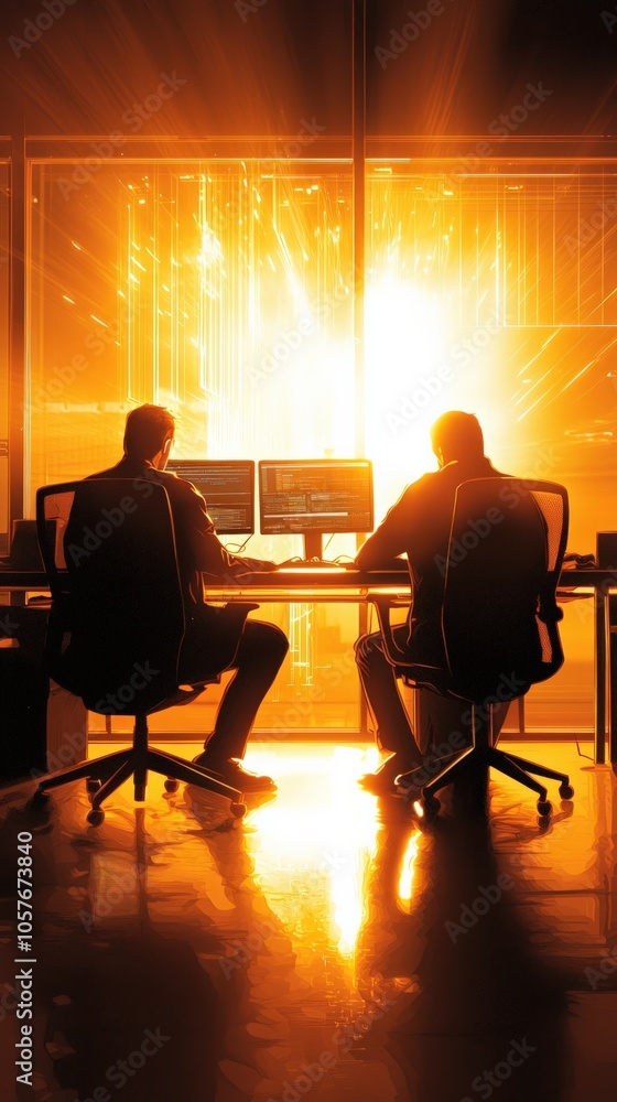Poster illuminated workspace the dynamic fusion of technology and human intellect in a modern office enviro