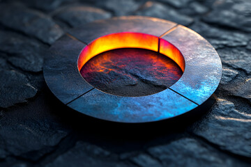 A circular metallic structure with a glowing inner rim, positioned on a textured stone surface, creating an artistic and atmospheric visual effect.