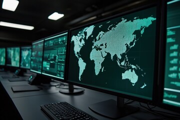 Naklejka premium Advanced Cybersecurity Operations Center with Global Mapping Technology and Data Visualization