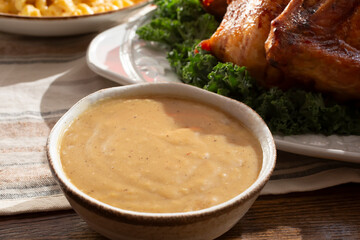 A view of a bowl of turkey gravy.