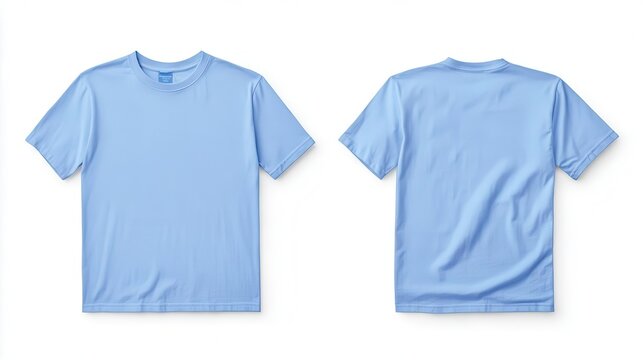 mockup template of a plain light blue t-shirt displayed front and back on a white background, emphasizing simplicity and clean design for clothing branding