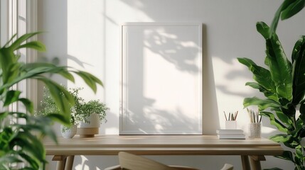 modern home office decor featuring a sleek white frame mockup on a stylish desk, surrounded by greenery and minimalist accessories, creating an inspiring and productive atmosphere