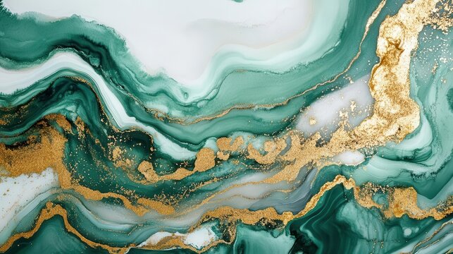 modern green marble texture combined with shimmering gold veins, watercolor abstract piece that captures the essence of nordic aesthetics, lively and dynamic