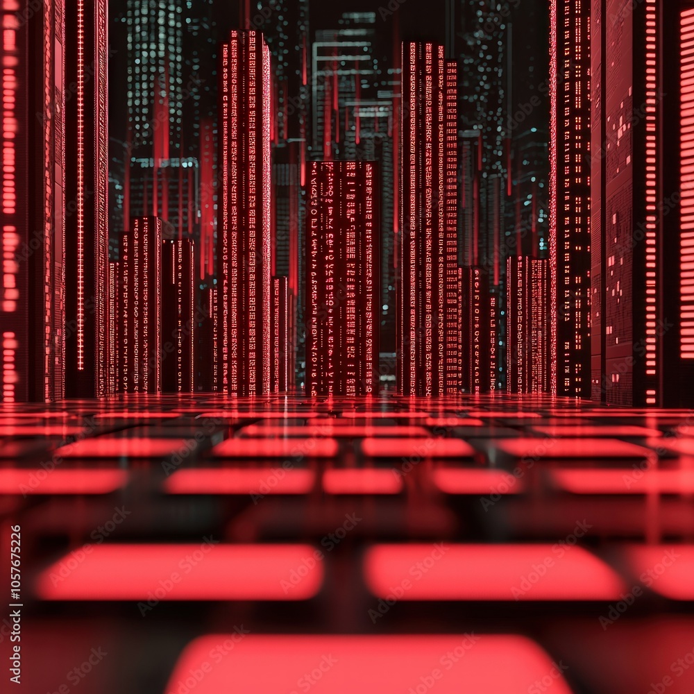 Poster futuristic cityscape with glowing red data visualization elements and digital aesthetics