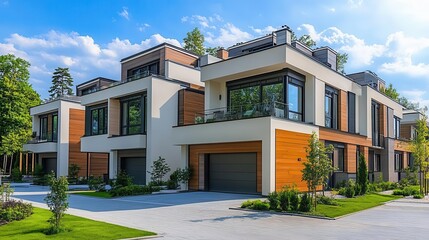 Fototapeta premium modern luxury housing development featuring stylish townhouses and villas, inviting viewers to explore contemporary architectural designs and real estate opportunities
