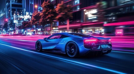 Fototapeta premium modern sleek blue sports car racing down a vibrant city street at night, neon light trails streaming behind as it speeds away, reflecting the lively urban atmosphere