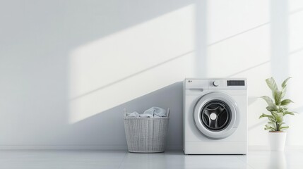 modern washing machine and laundry basket placed against a pristine white wall; the minimalist design and organized space convey a sense of cleanliness and efficiency in a contemporary bathroom