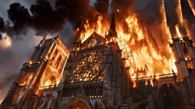 Iconic Notre Dame cathedral ablaze. Towering spire collapses as flames engulf ancient structure. Fiery embers dance against darkening sky. Devastating scene captures loss of architectural masterpiece