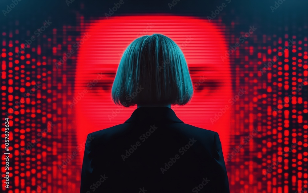 Poster person looking at a digital screen with red binary codes and abstract face in background.
