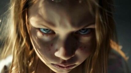 Dramatic portrait of girl with windswept blonde hair. Intense gaze and furrowed brow convey strong emotion. Warm lighting highlights her features against dark background.