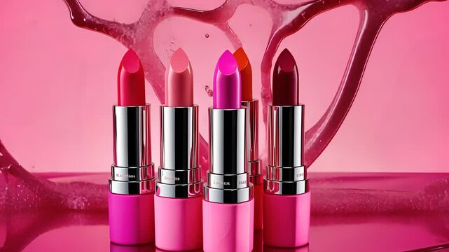 Pink and Red Lipstick Collection on Glossy Background

